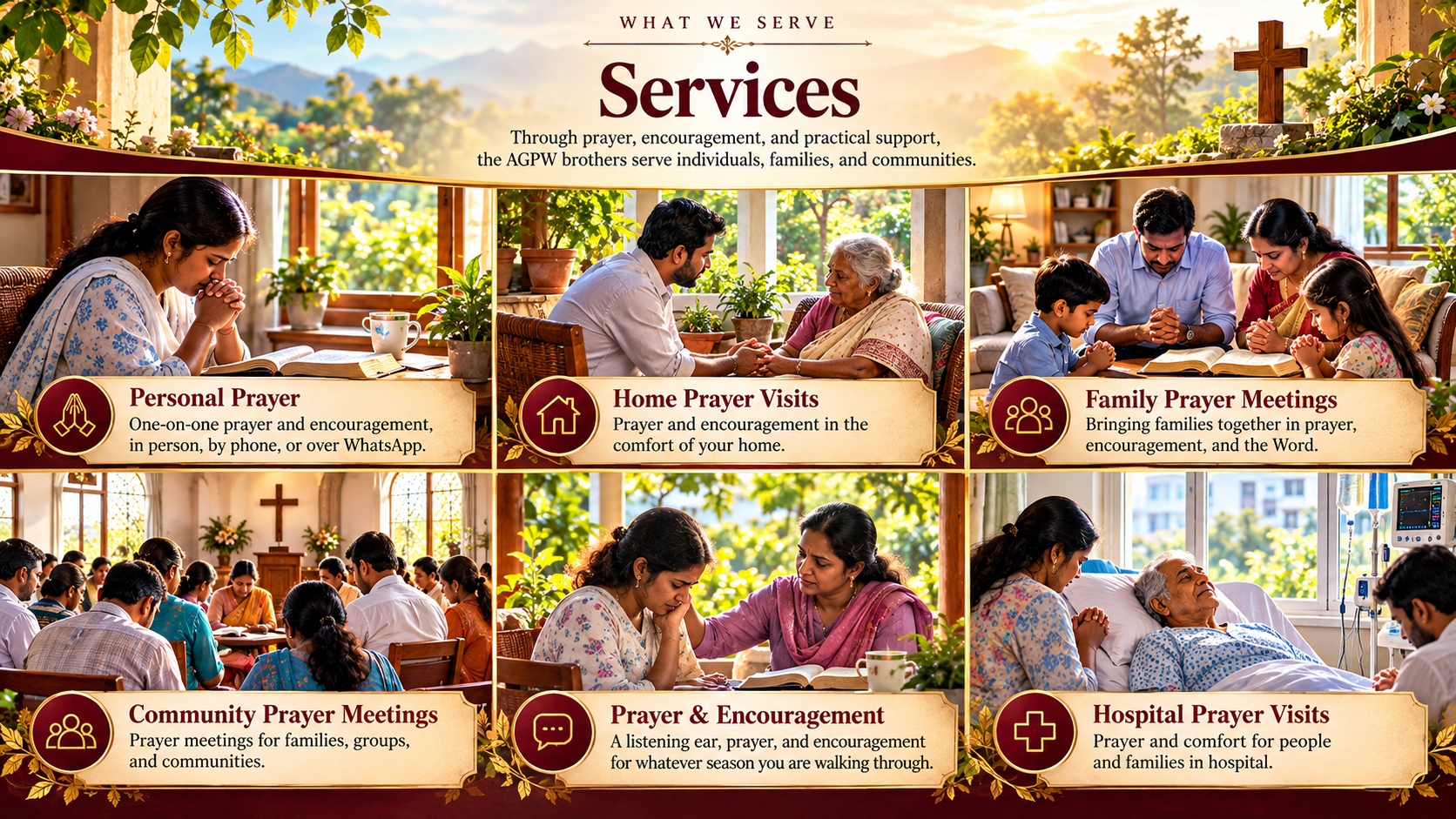 What We Serve — Services. Through prayer, encouragement, and practical support, the AGPW brothers serve individuals, families, and communities: Personal Prayer, Home Prayer Visits, Family Prayer Meetings, Community Prayer Meetings, Prayer & Encouragement, and Hospital Prayer Visits.