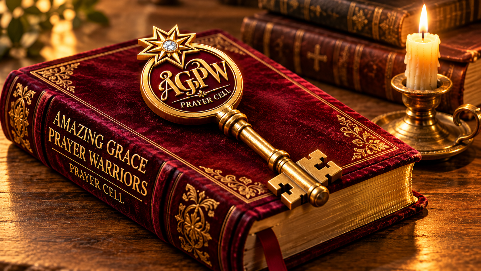 The AGPW key and medallion resting on a burgundy velvet Amazing Grace Prayer Warriors Bible, beside a lit candle